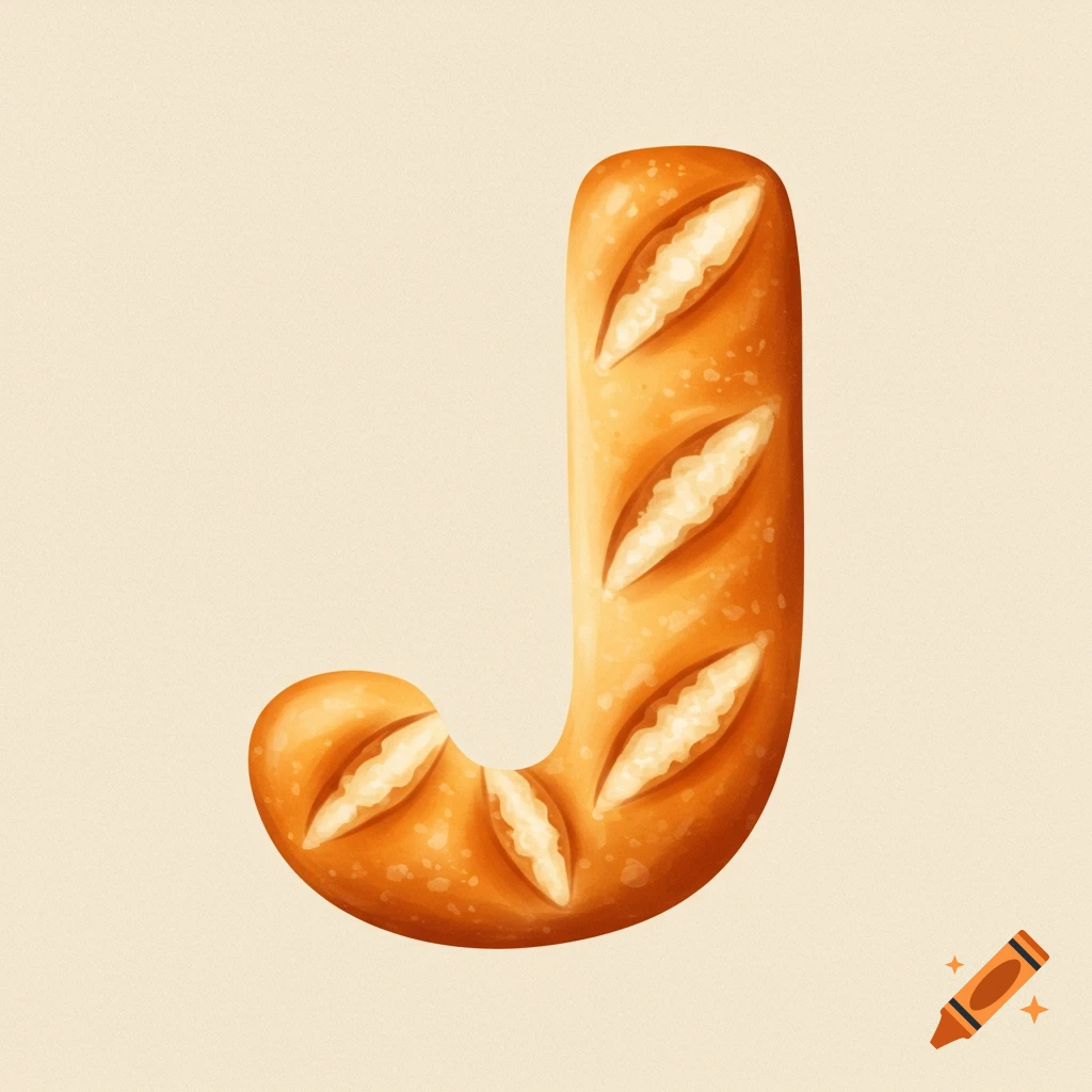 The letter J formed by a baguette on a light background. Illustration style.