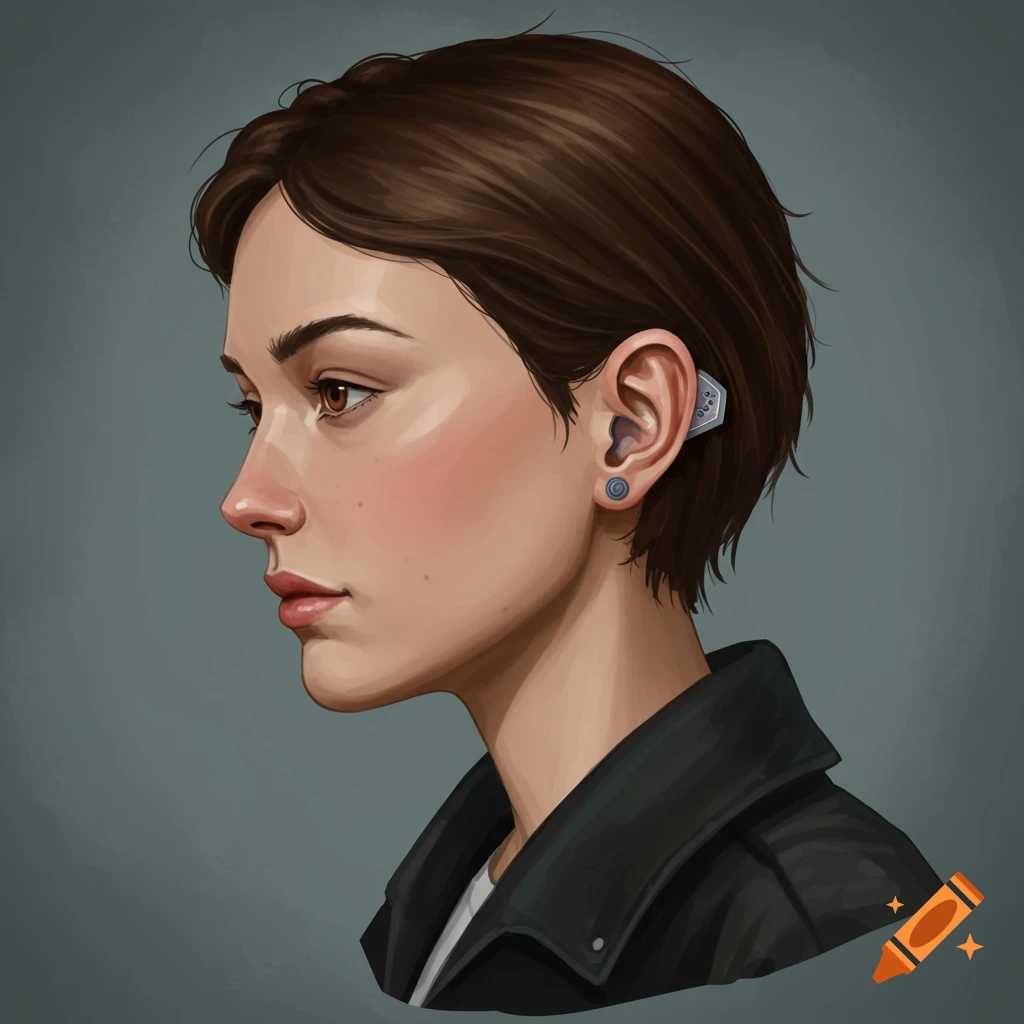 Portrait of a person with short brown hair and a tech device behind their ear.