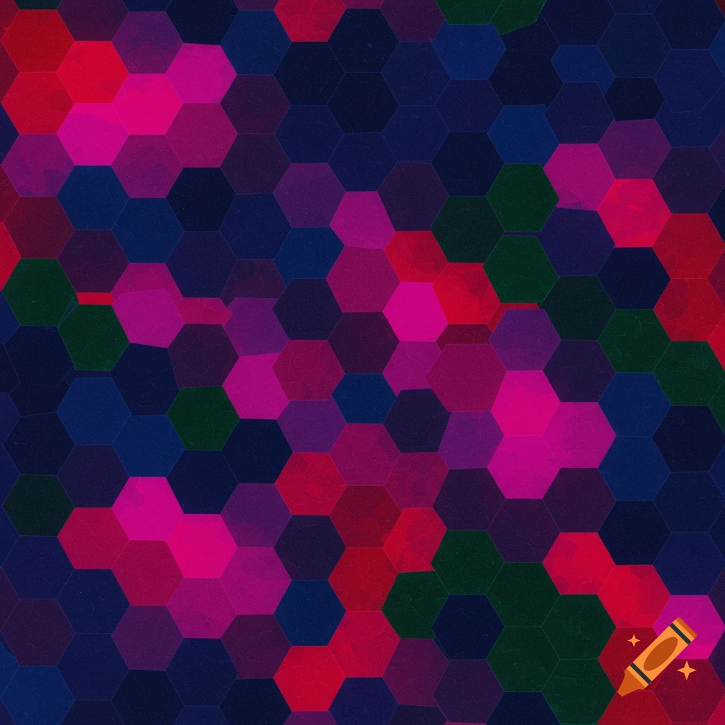 Abstract pattern of interlocking hexagons in shades of red, pink, blue, purple, and dark green.