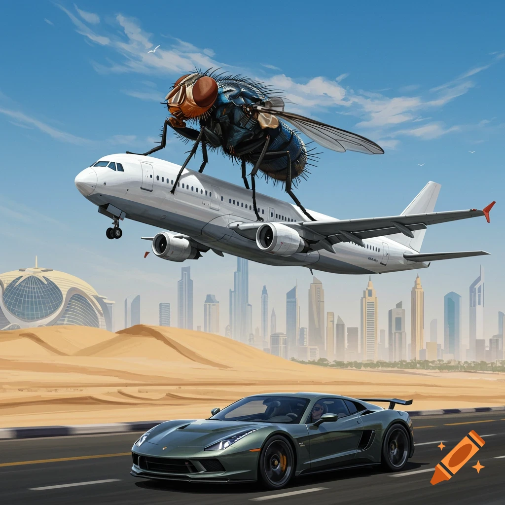 Giant fly stands on a flying airplane above a sports car driving through a desert city skyline.