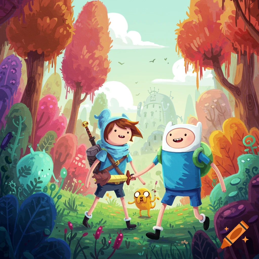 Finn and Jake walk through a colorful fantasy forest illustration