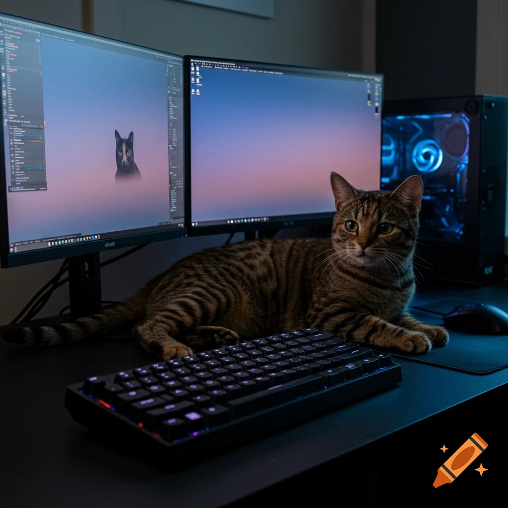 A tabby cat lies on a computer desk in front of two monitors and a keyboard.