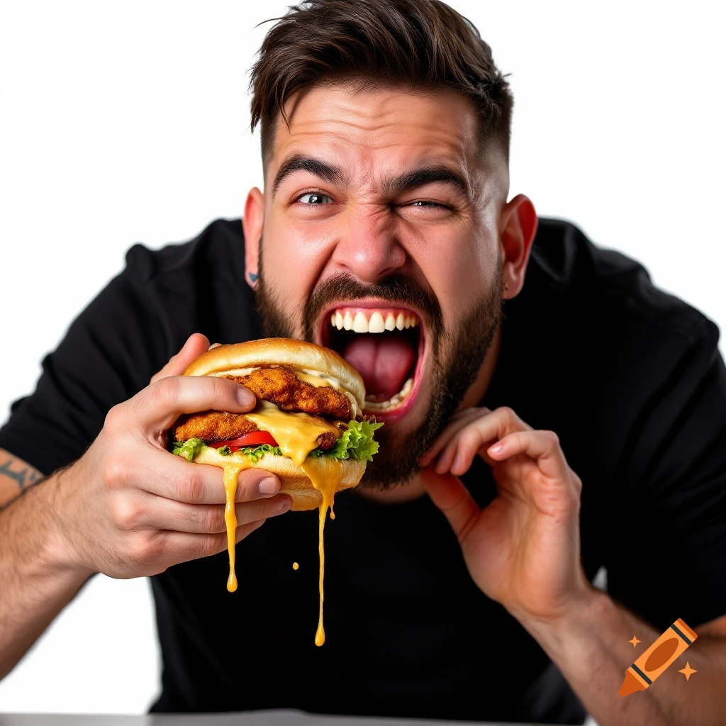 A man with a beard enthusiastically eats a dripping cheeseburger with his mouth wide open.