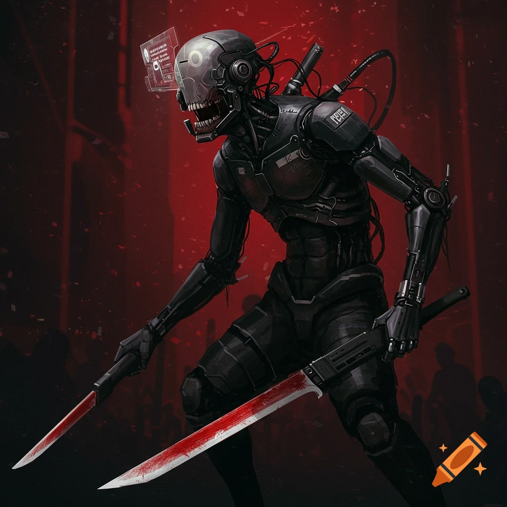 A dystopian cyborg with bloody swords stands ready in a red-lit scene.