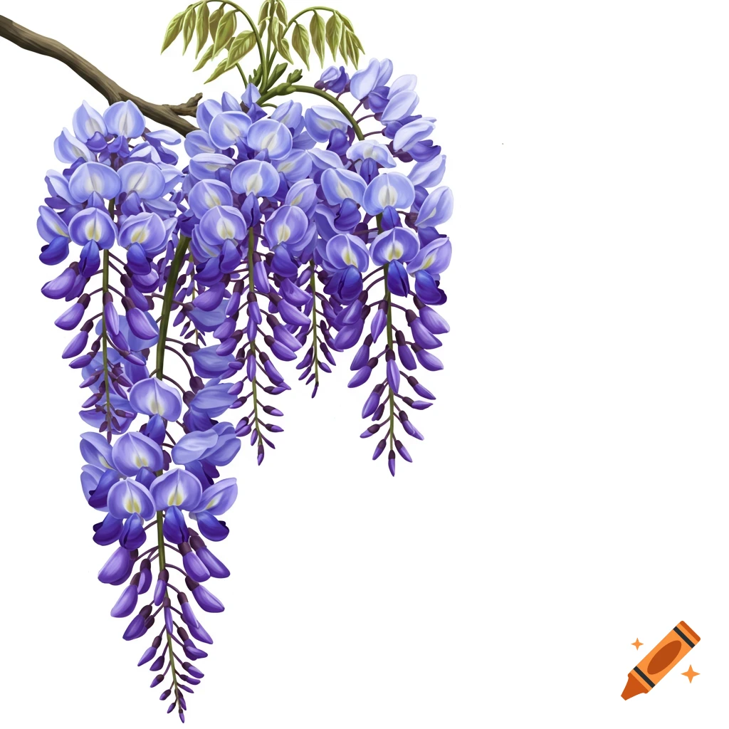 Purple wisteria flowers hang from a branch on a white background.