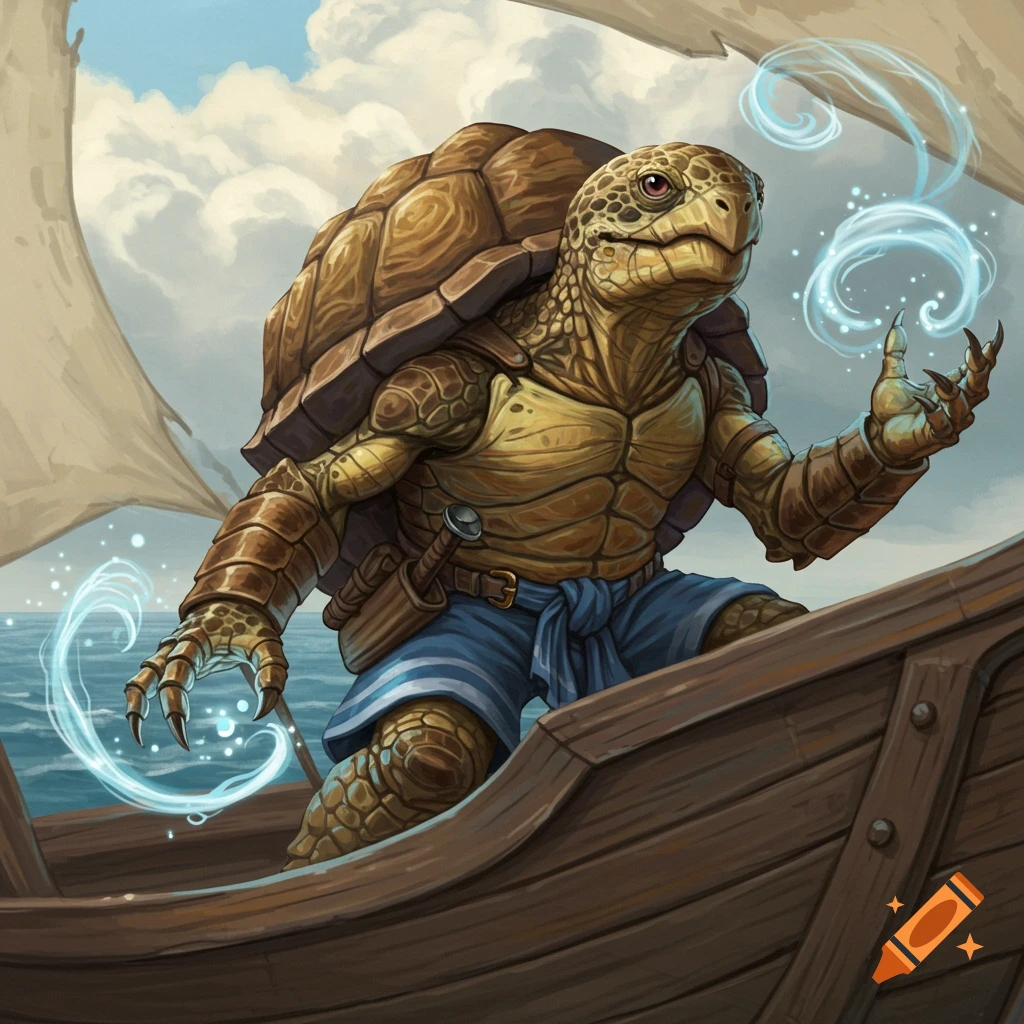 Illustration of a fantasy turtle creature sailor casting magic on a boat