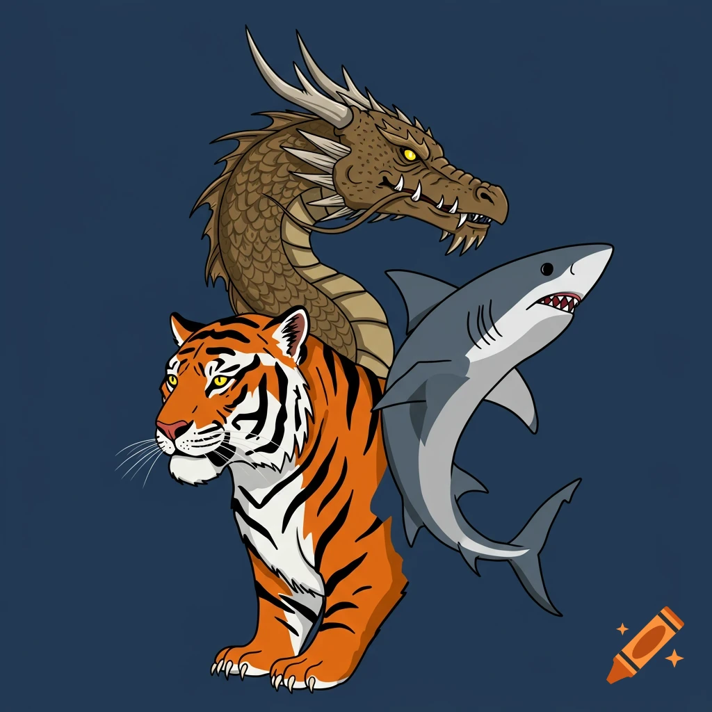 Illustration of a creature with a dragon head, tiger body, and shark tail.