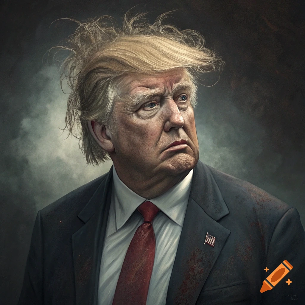 Stylized portrait of Donald Trump with messy hair and a troubled expression, wearing a suit and tie.