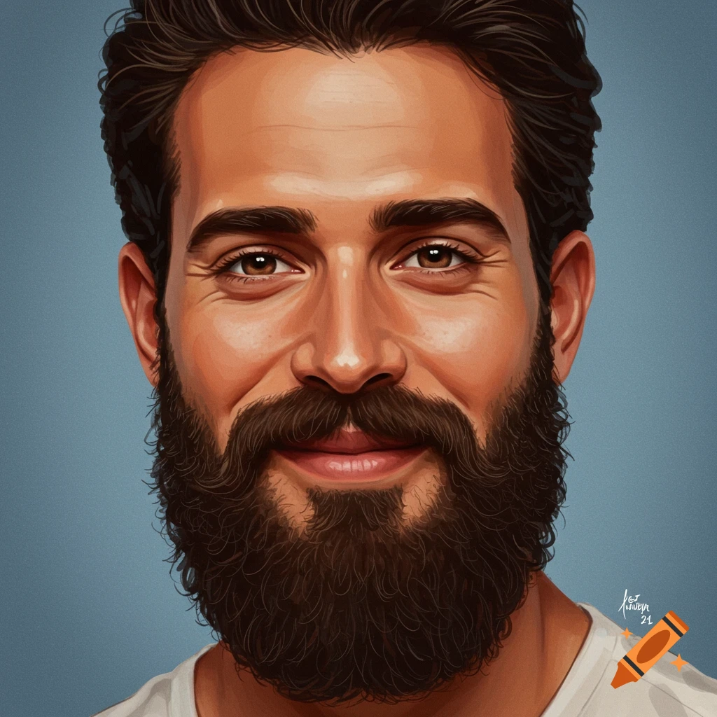 Illustrated portrait of a smiling man with brown hair and a beard against a blue background.