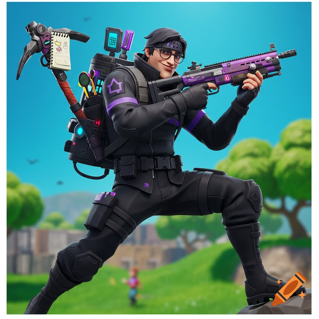 A Fortnite character in a black outfit and glasses kneels with a pickaxe and weapon.
