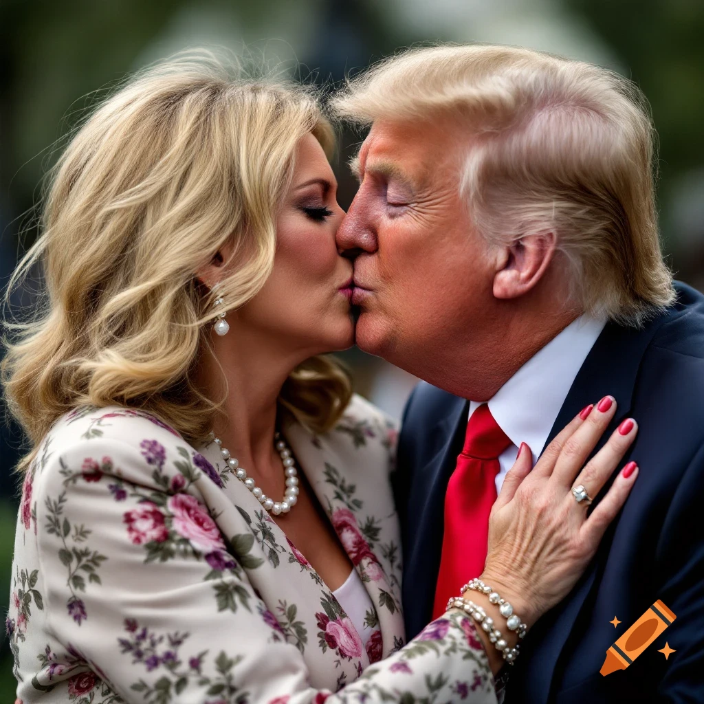 Photorealistic image of Donald Trump kissing a woman.