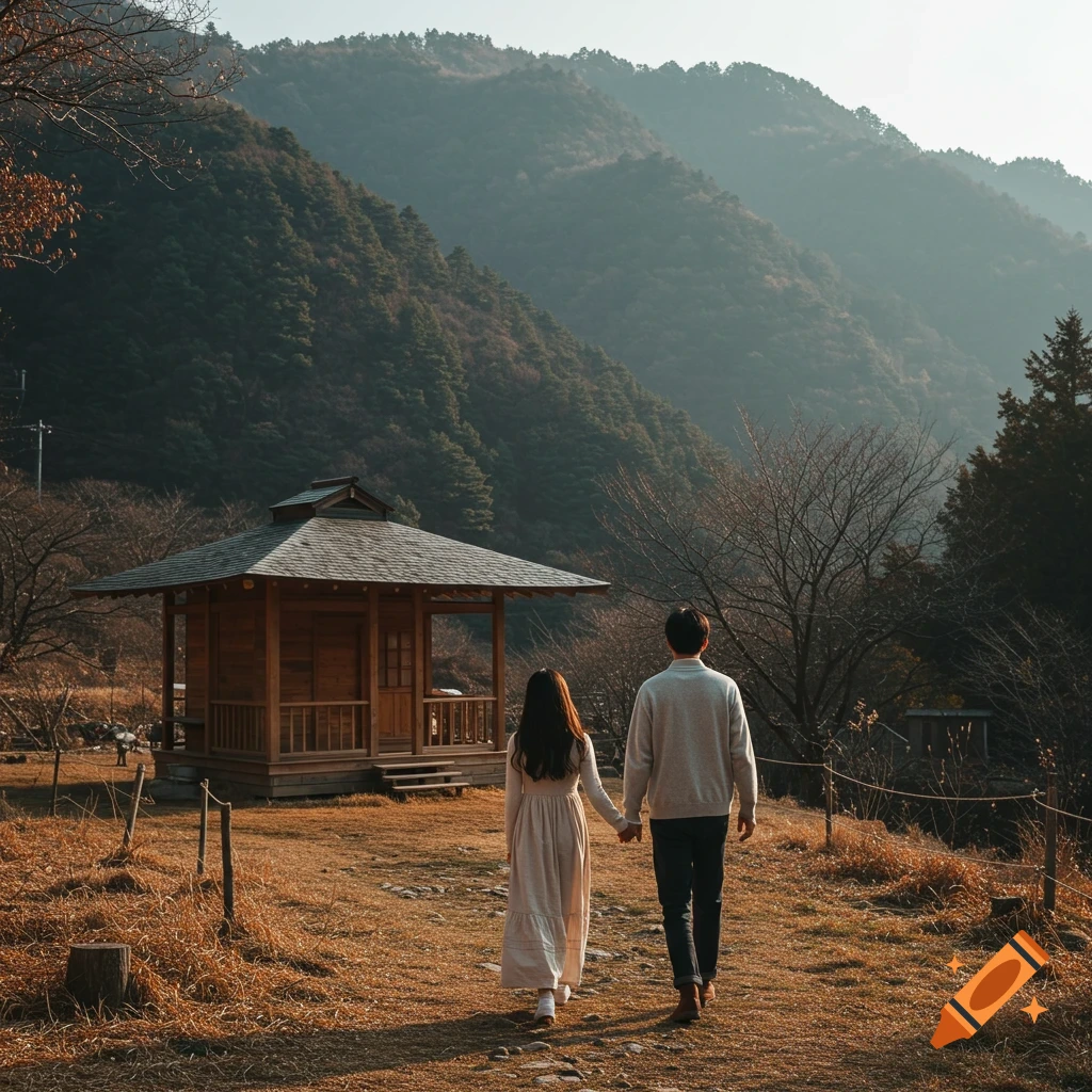 Couple holding hands walks on a path toward a wooden structure in a scenic mountain landscape.