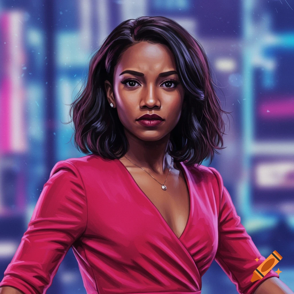 Digital art portrait of a woman in a pink dress against a blurry neon city background.