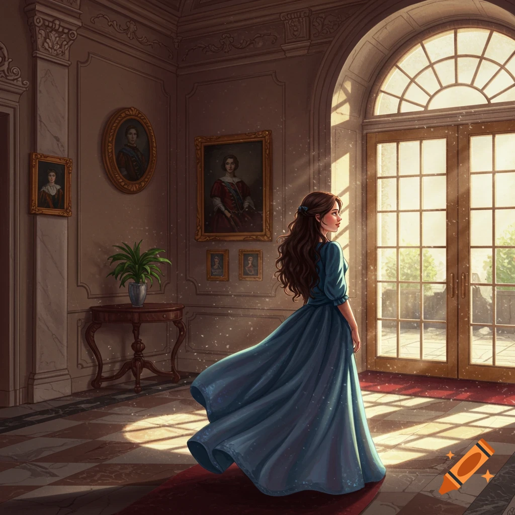 A woman in a blue dress looks out sunlit doors in a grand manor. Digital illustration.