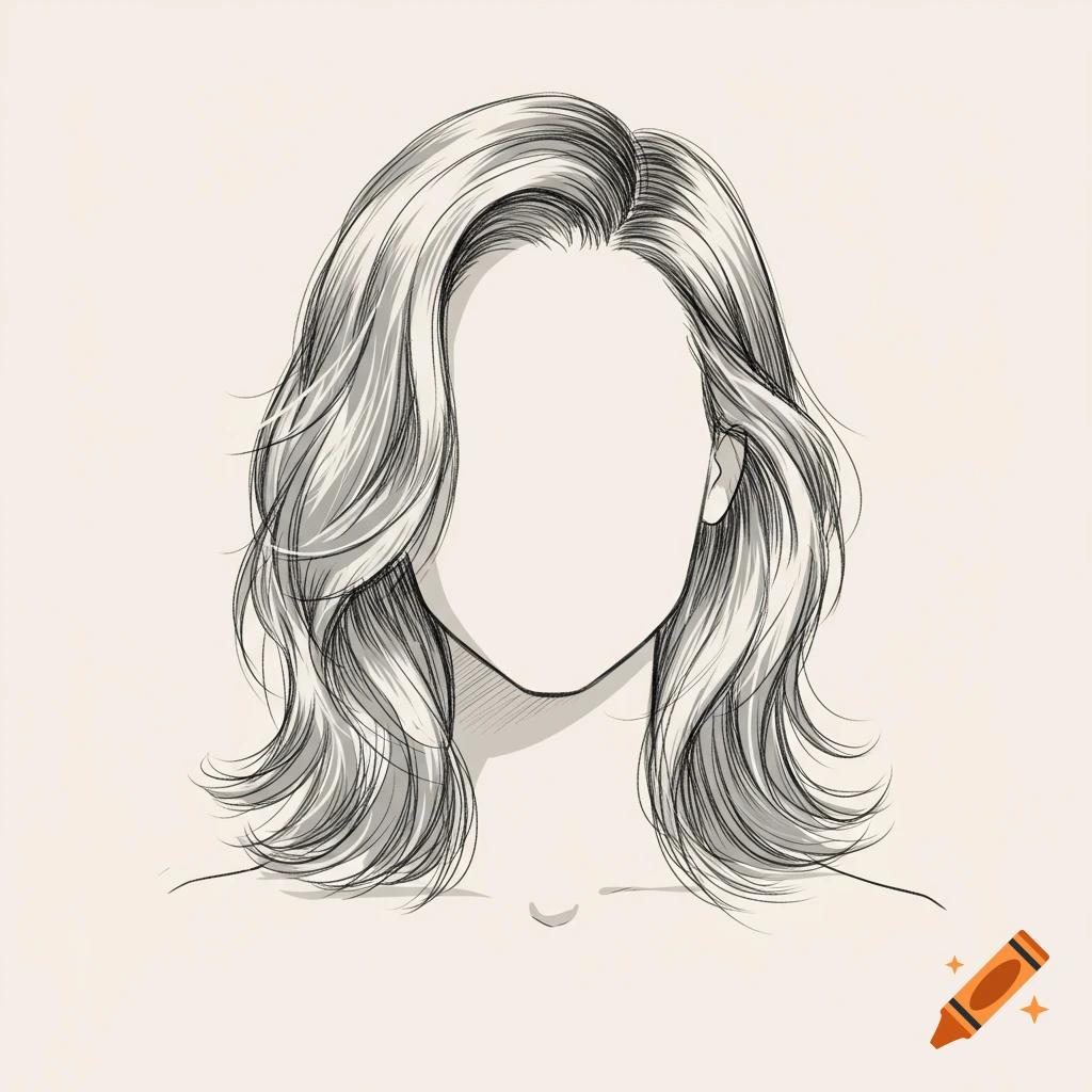 Sketch drawing of a faceless head with wavy, medium-length hair.