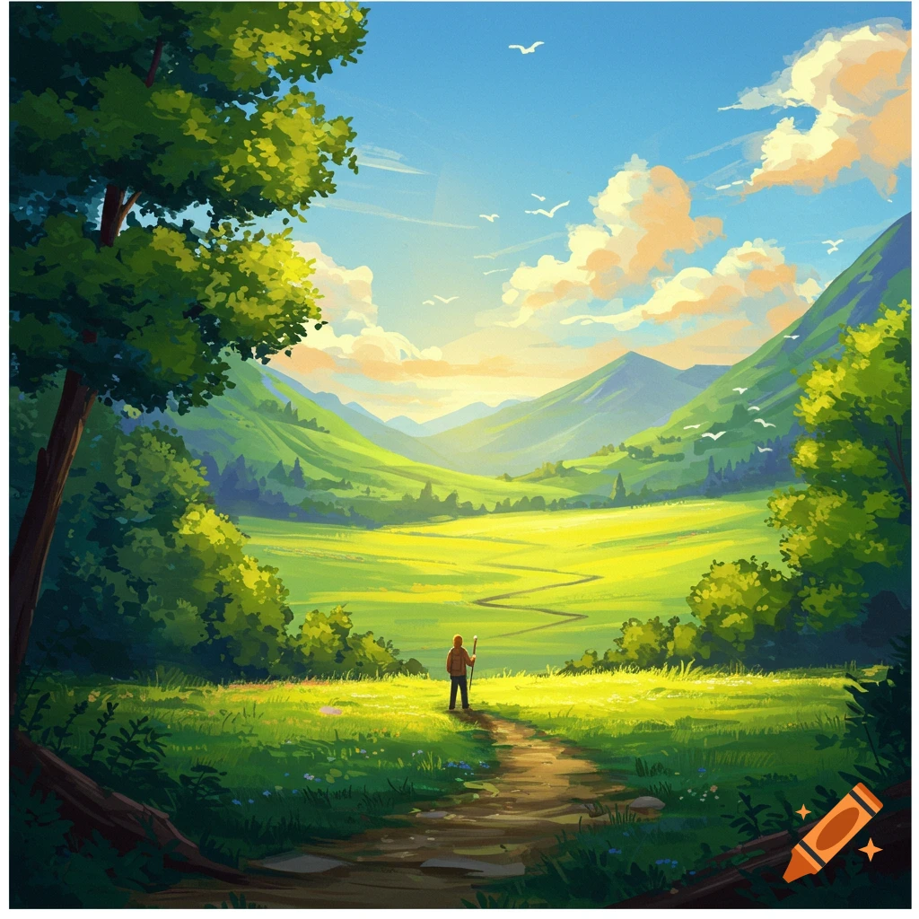 An illustration of a person on a path looking into a bright green valley with mountains under a sunny sky.