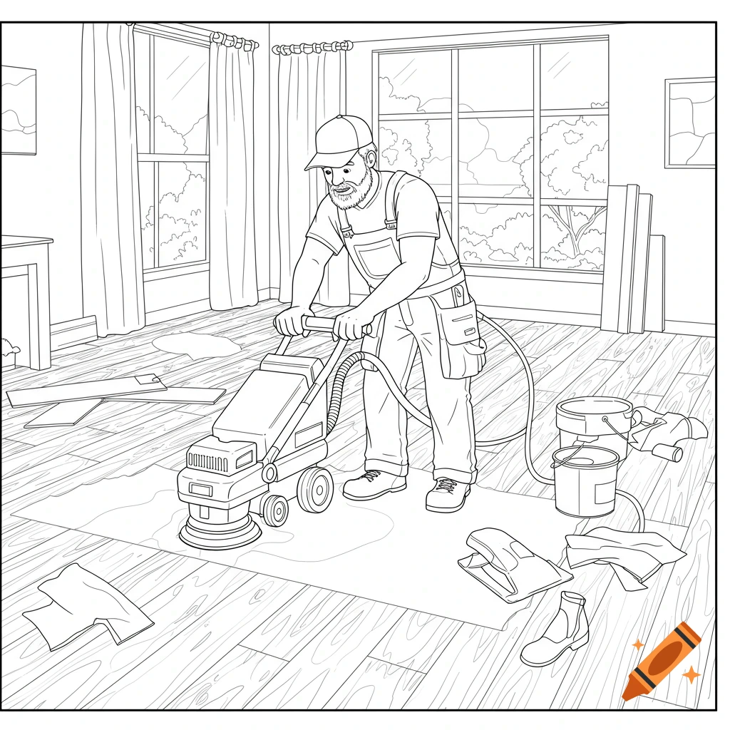 Line drawing of a man sanding a hardwood floor with a machine in a room.