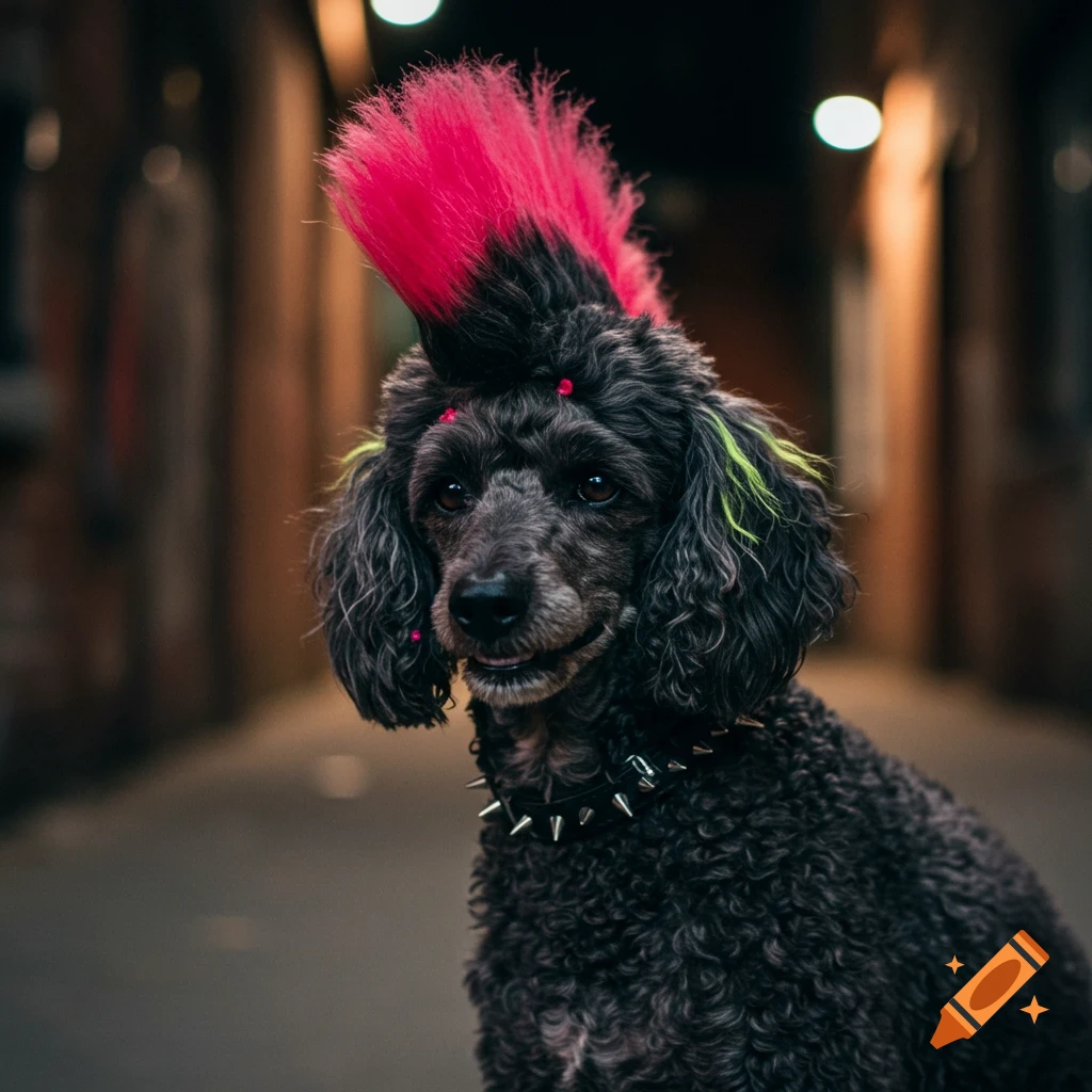 A black poodle with a bright pink mohawk and studded collar poses in an ...
