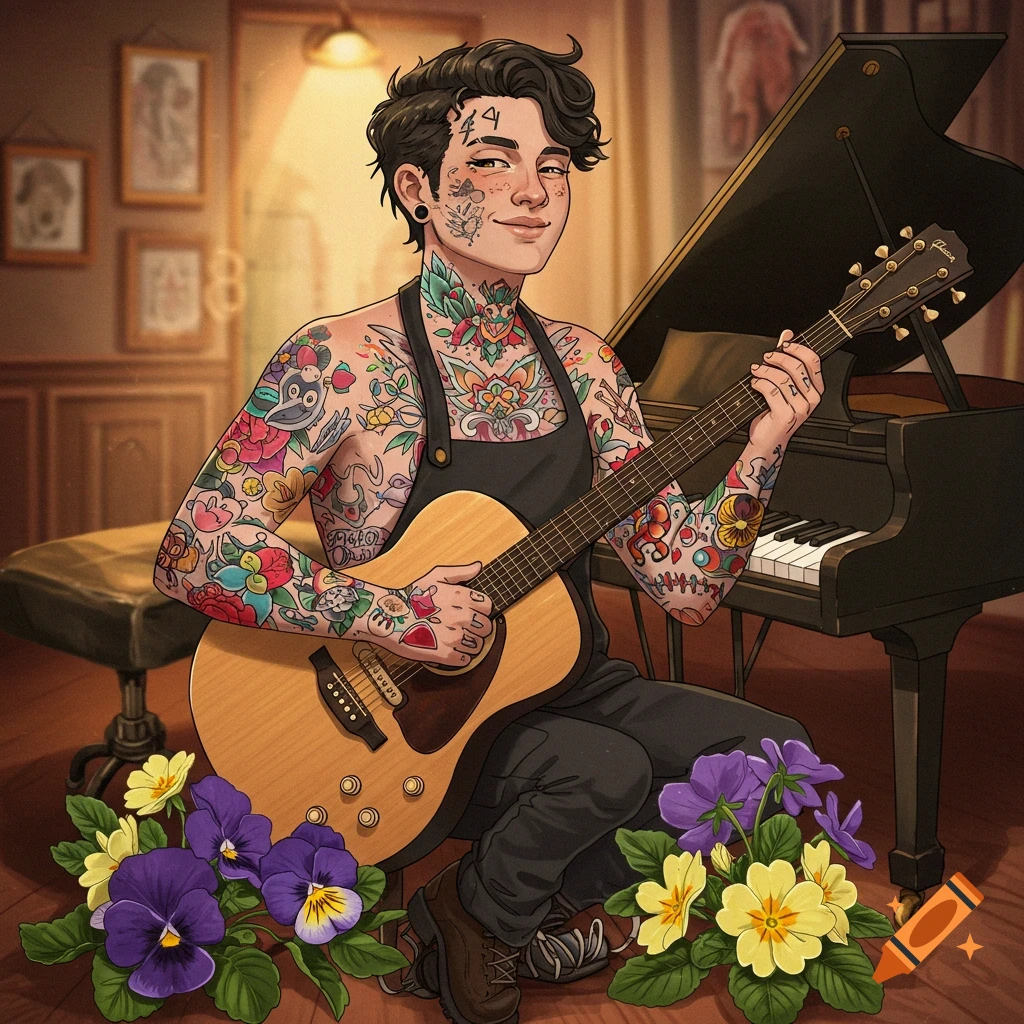 Person with colorful tattoos playing guitar near a piano, with flowers.