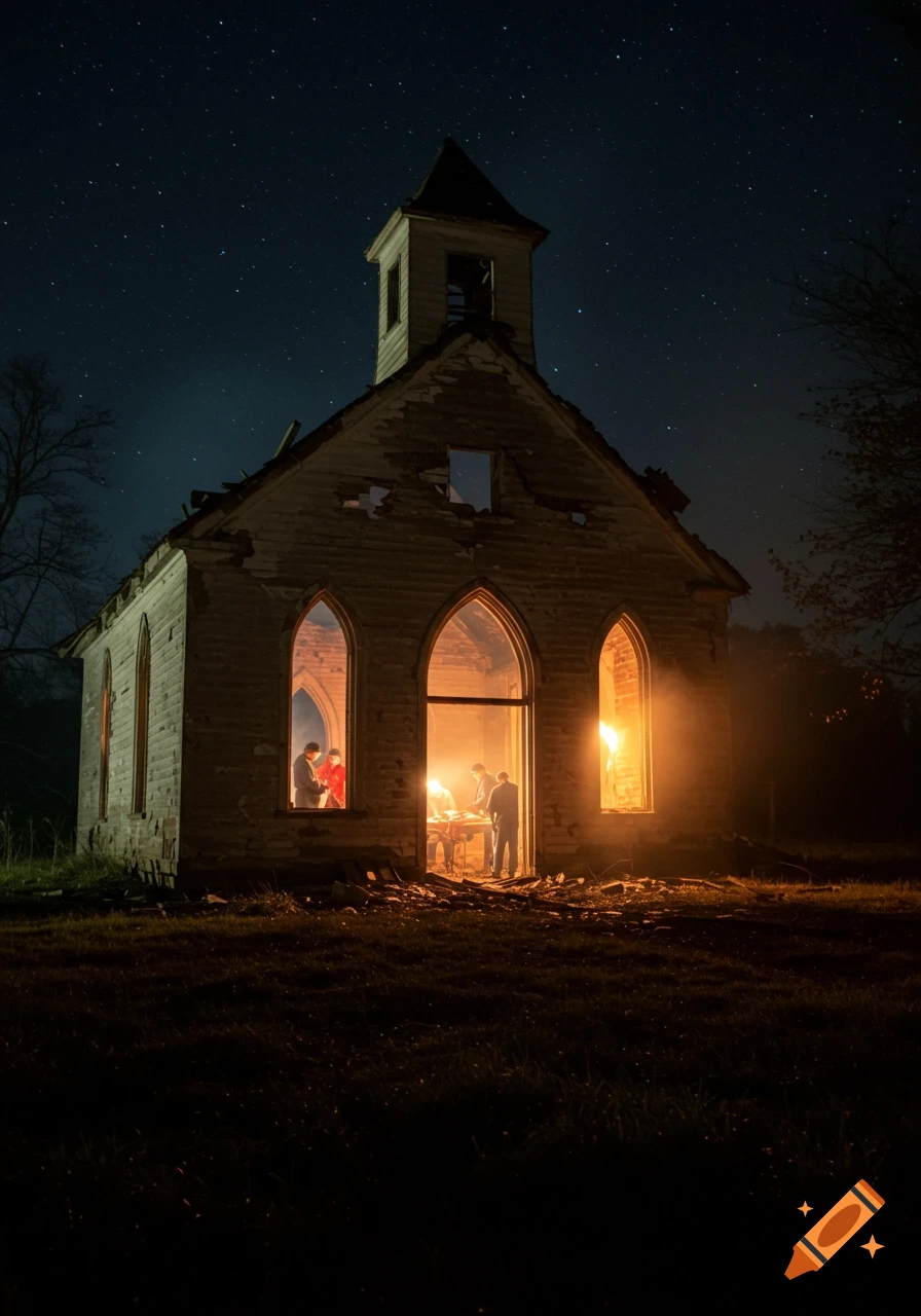 Ruined church lit from within at night under a starry sky with figures visible inside.