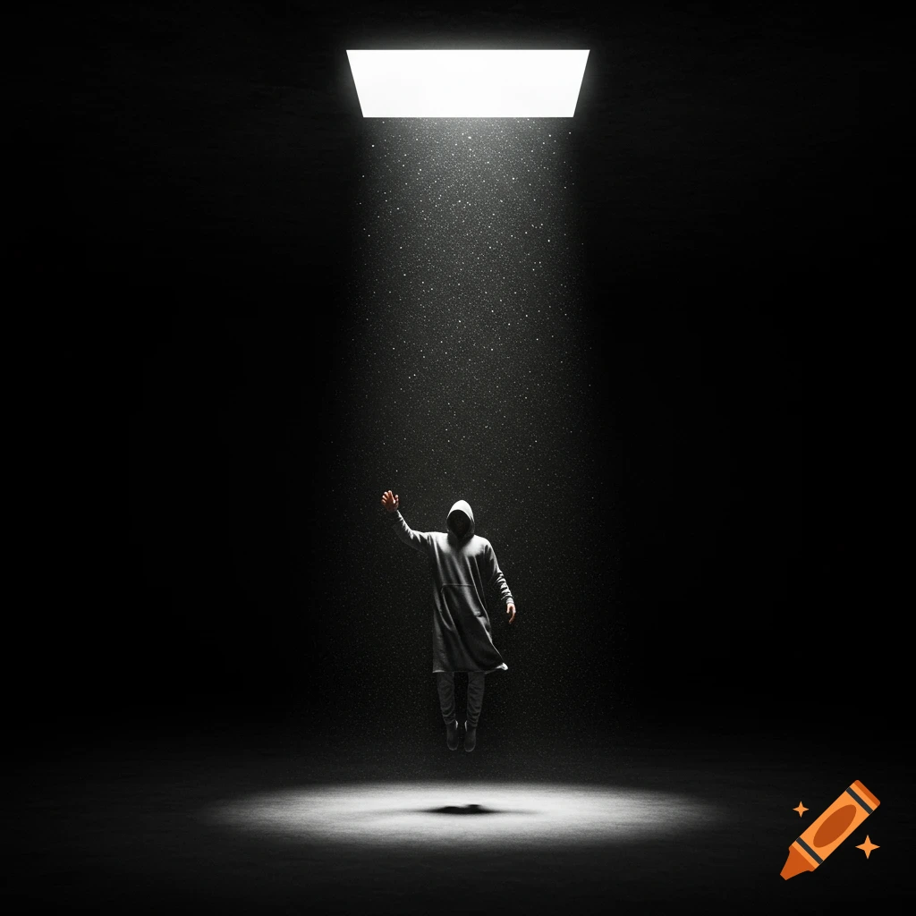 A hooded figure floats in a dark room, reaching towards a bright light shining from above.