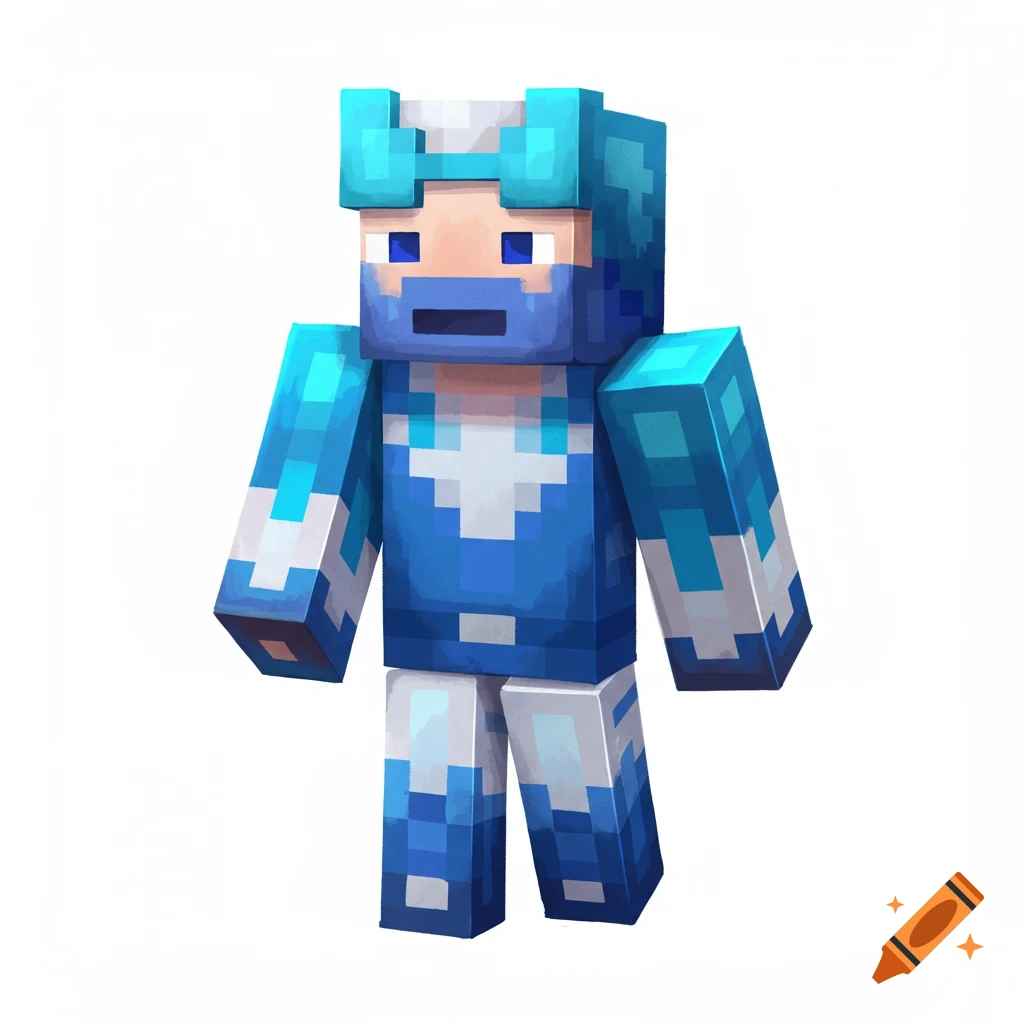 A blocky character in blue and white armor stands.