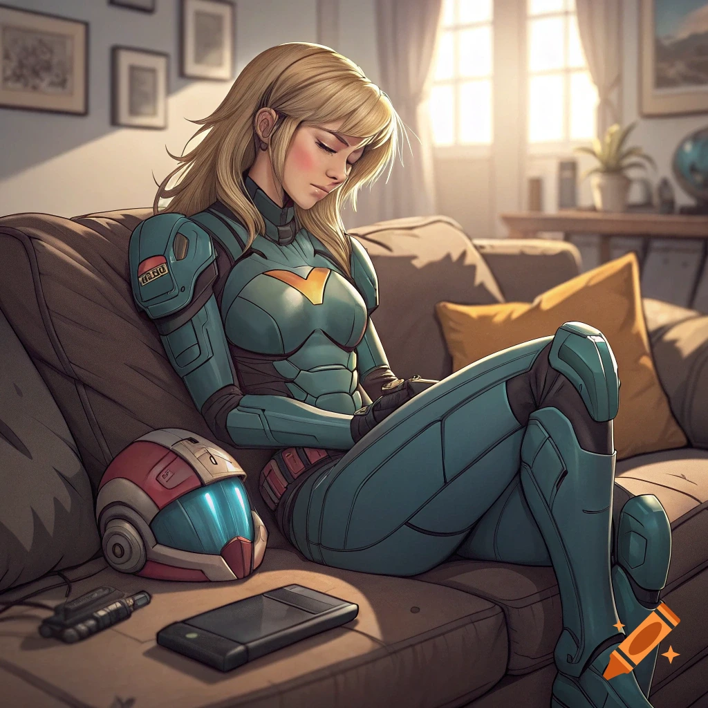 An illustration of a woman in a blue sci-fi suit lounging on a couch with a helmet beside her.