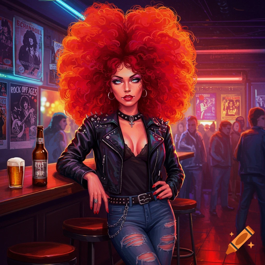 A woman with big curly red hair and a leather jacket leans on a bar in a crowded rock club.