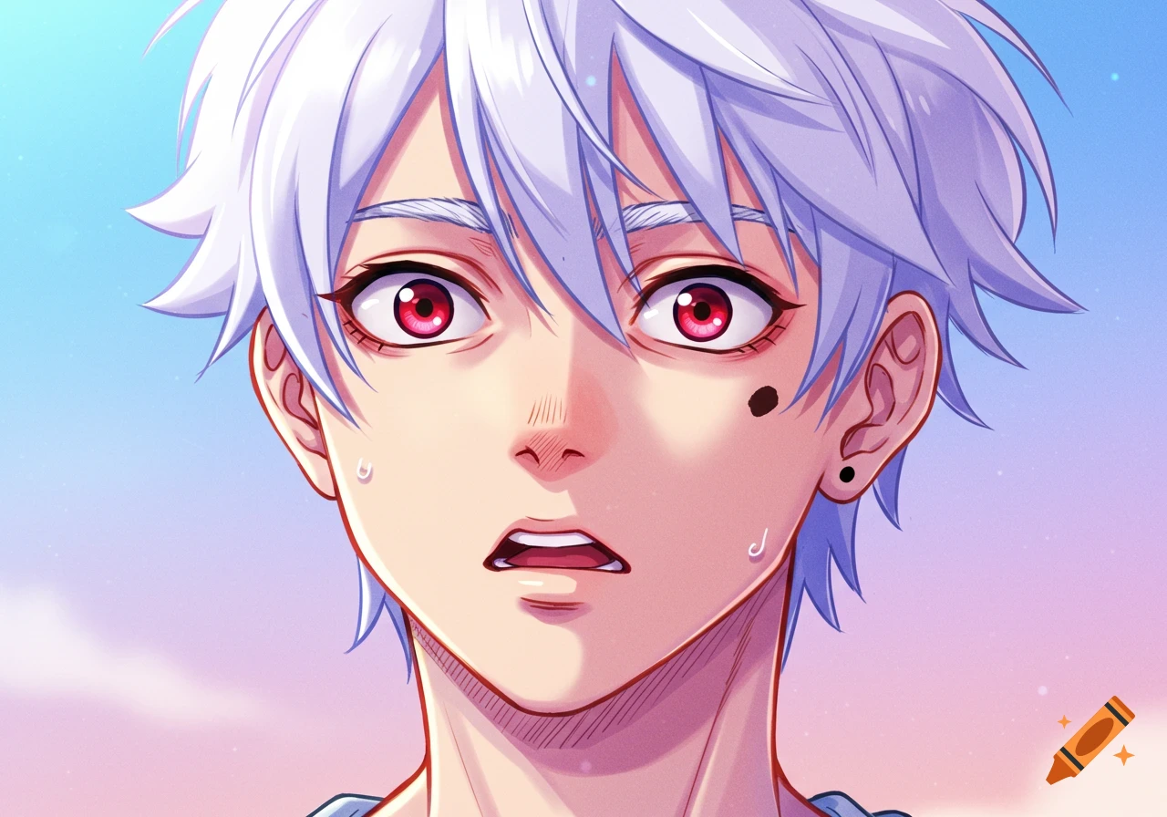 Close-up of an anime boy with white hair, red eyes, and a mole, looking shocked.