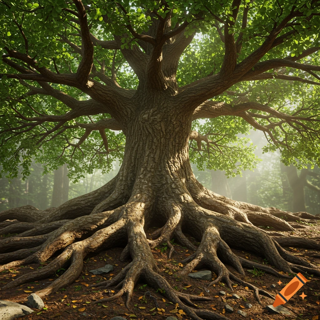 A large tree with deep roots in a forest.