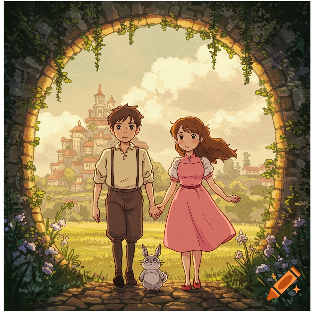 A boy, girl, and rabbit walk through a stone archway towards a town in the distance, in a Studio Ghibli animation style.