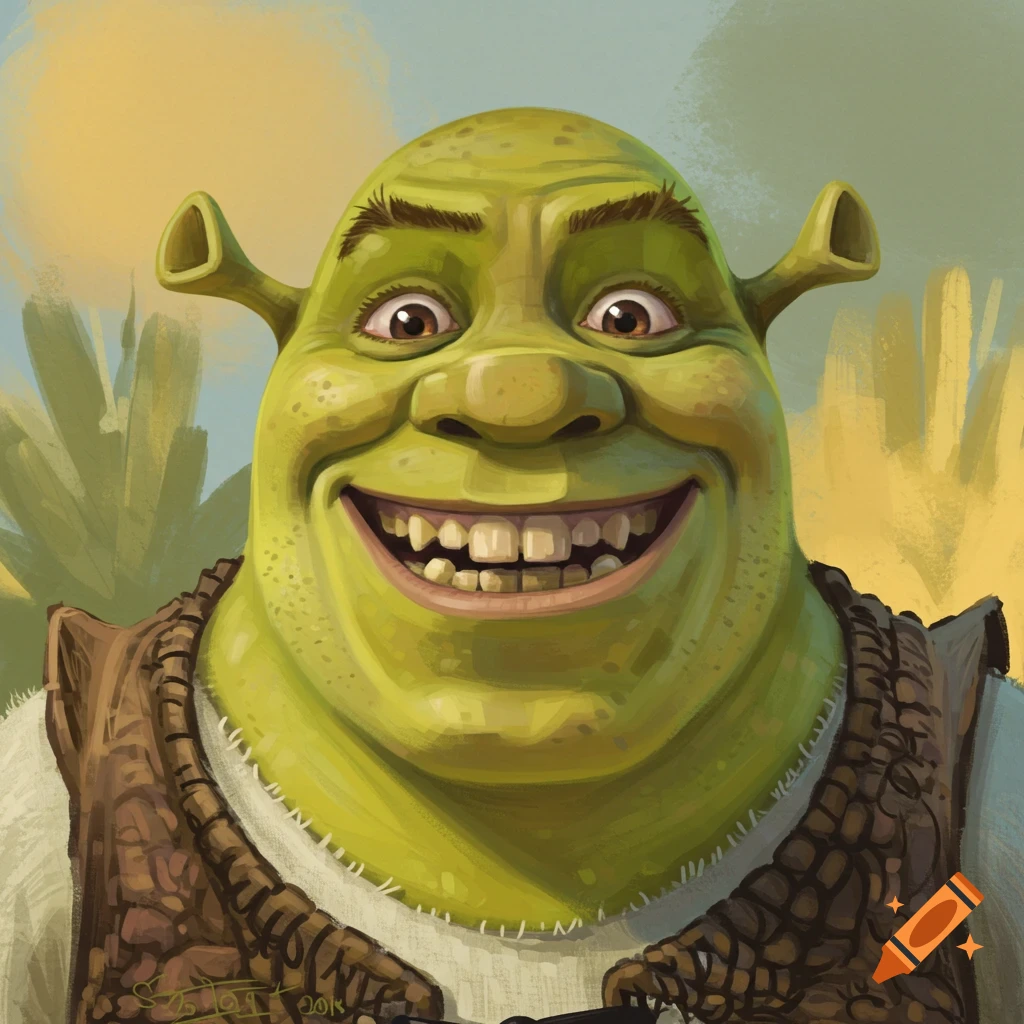 A close-up portrait of Shrek smiling broadly.