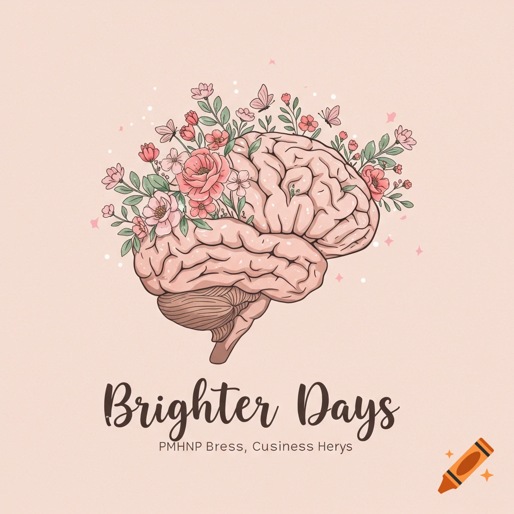 Pastel illustration of a brain with pink flowers and butterflies growing out, above the text 'Brighter Days'.