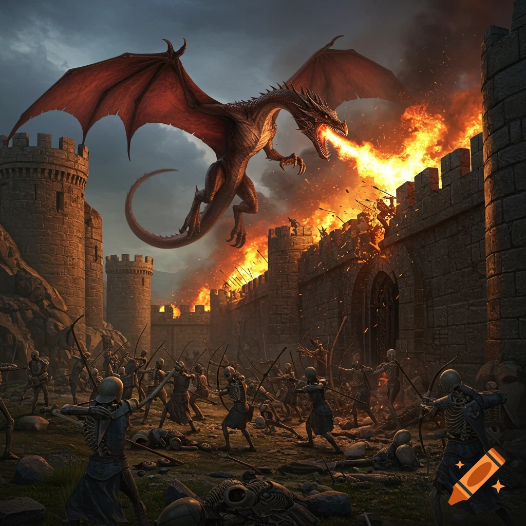A giant red dragon breathes fire on a castle wall during a battle with an army of skeletons.