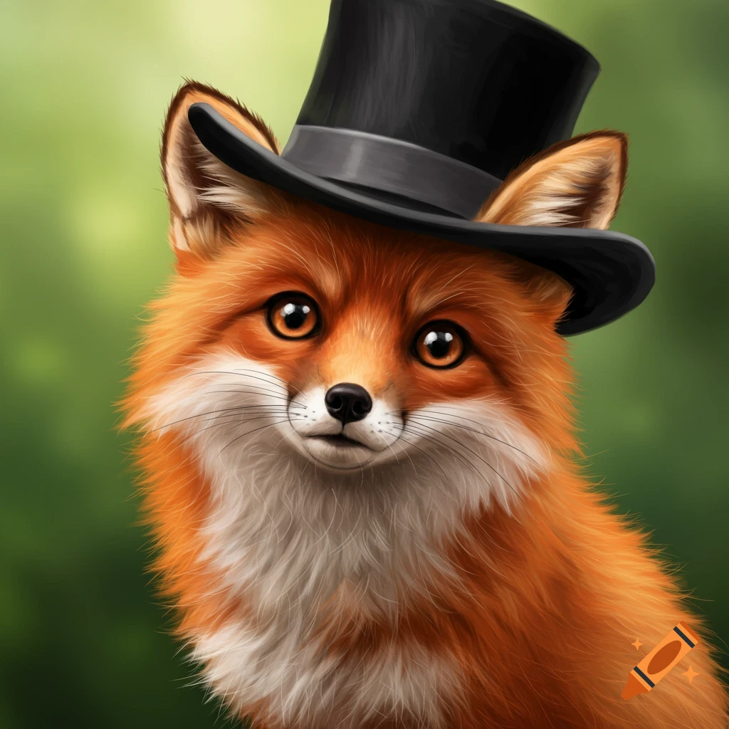 A close-up of a cute red fox wearing a black top hat.