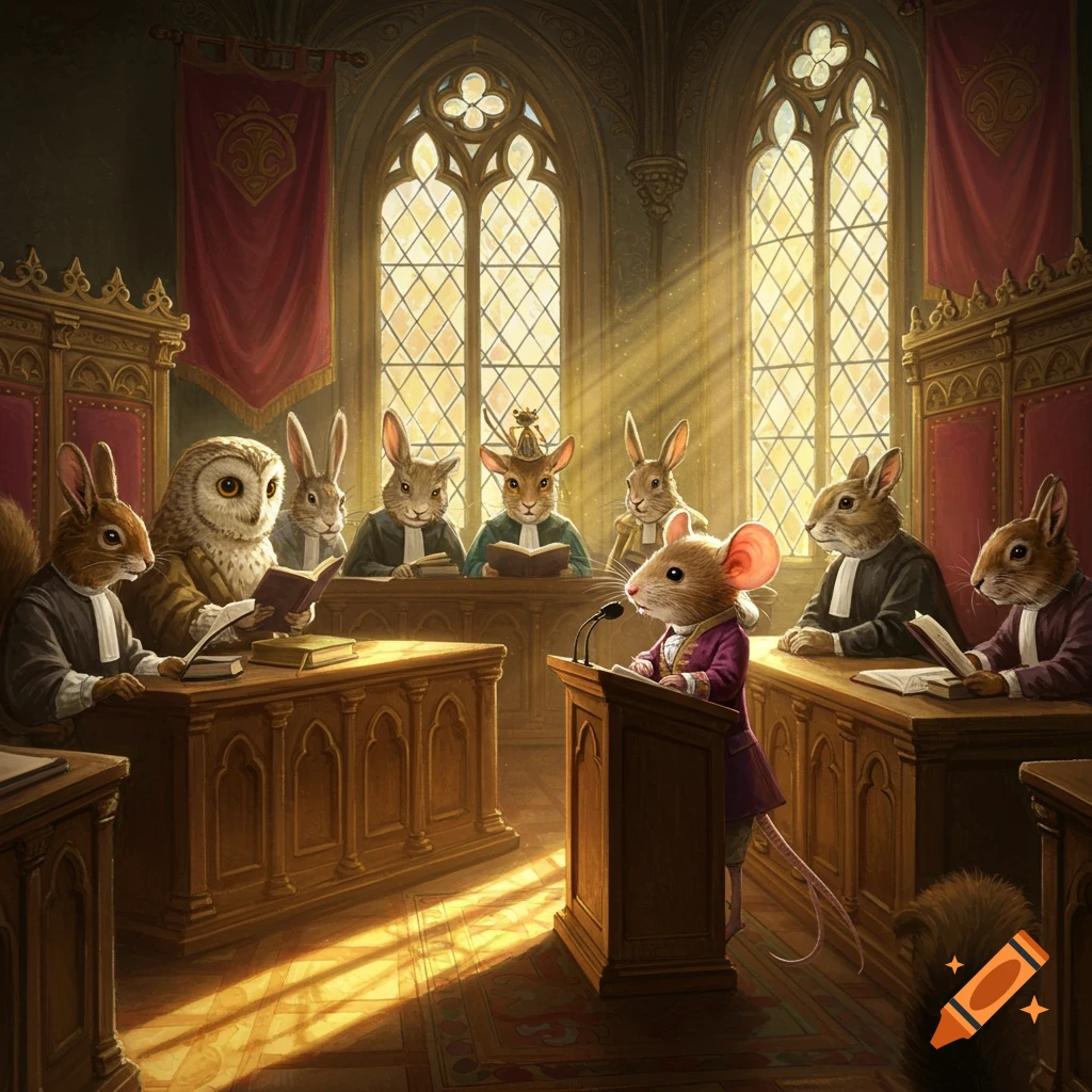 Anthropomorphic animals, including a mouse at a podium, in a courtroom with Gothic windows and dramatic lighting.