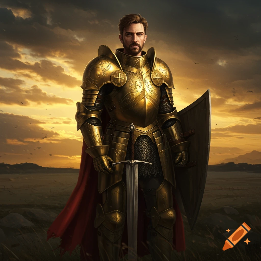 A paladin in ornate golden gothic plate armor stands in a field at sunset with a sword and shield.