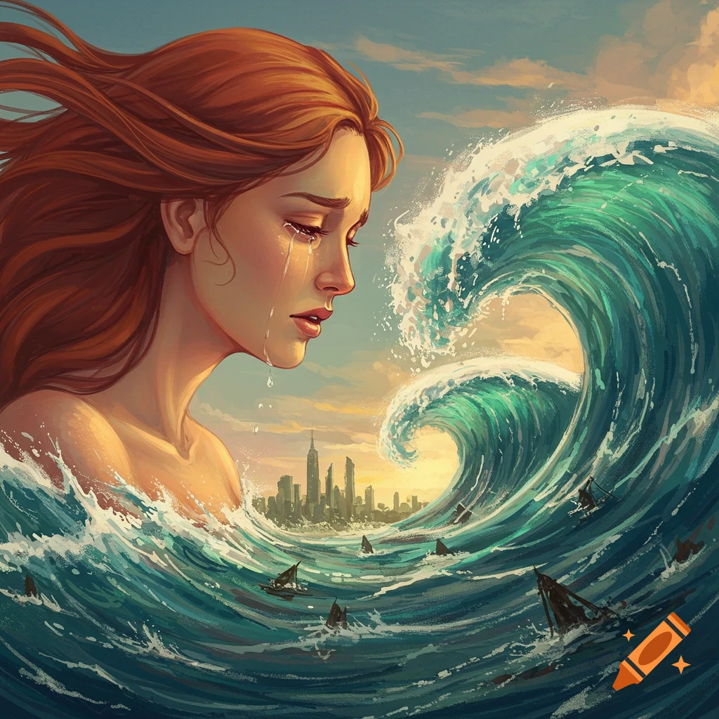 Illustration of a crying woman with red hair engulfed in a large wave with a city skyline behind her.