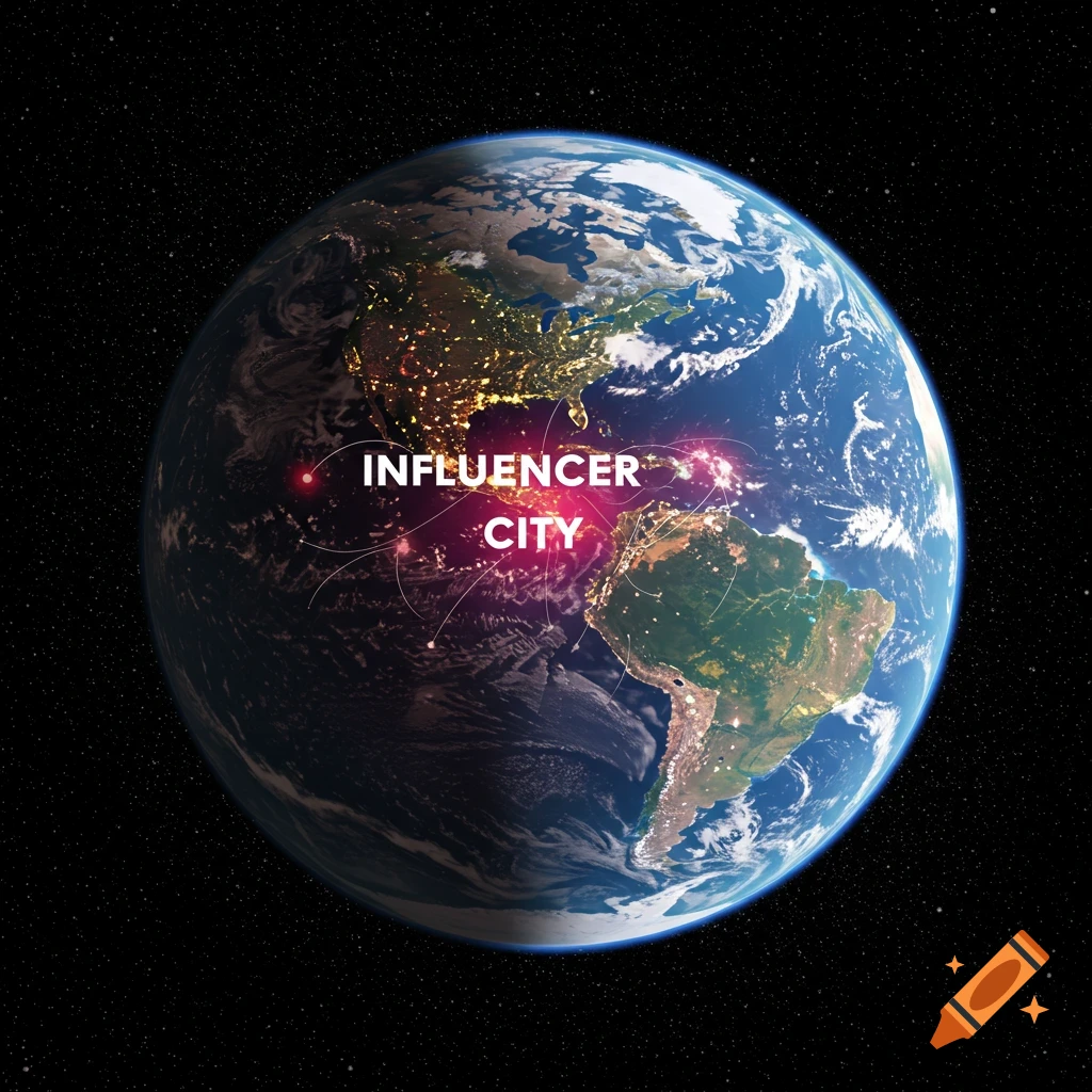 Earth from space at night with city lights and connecting lines, overlaid with the text 'Influencer City'.