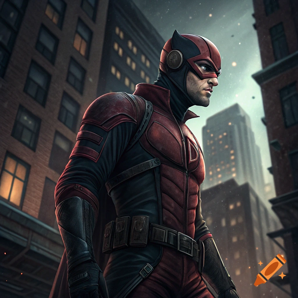 A superhero in a red and black costume stands in a city at dusk, looking right. Illustrative style.