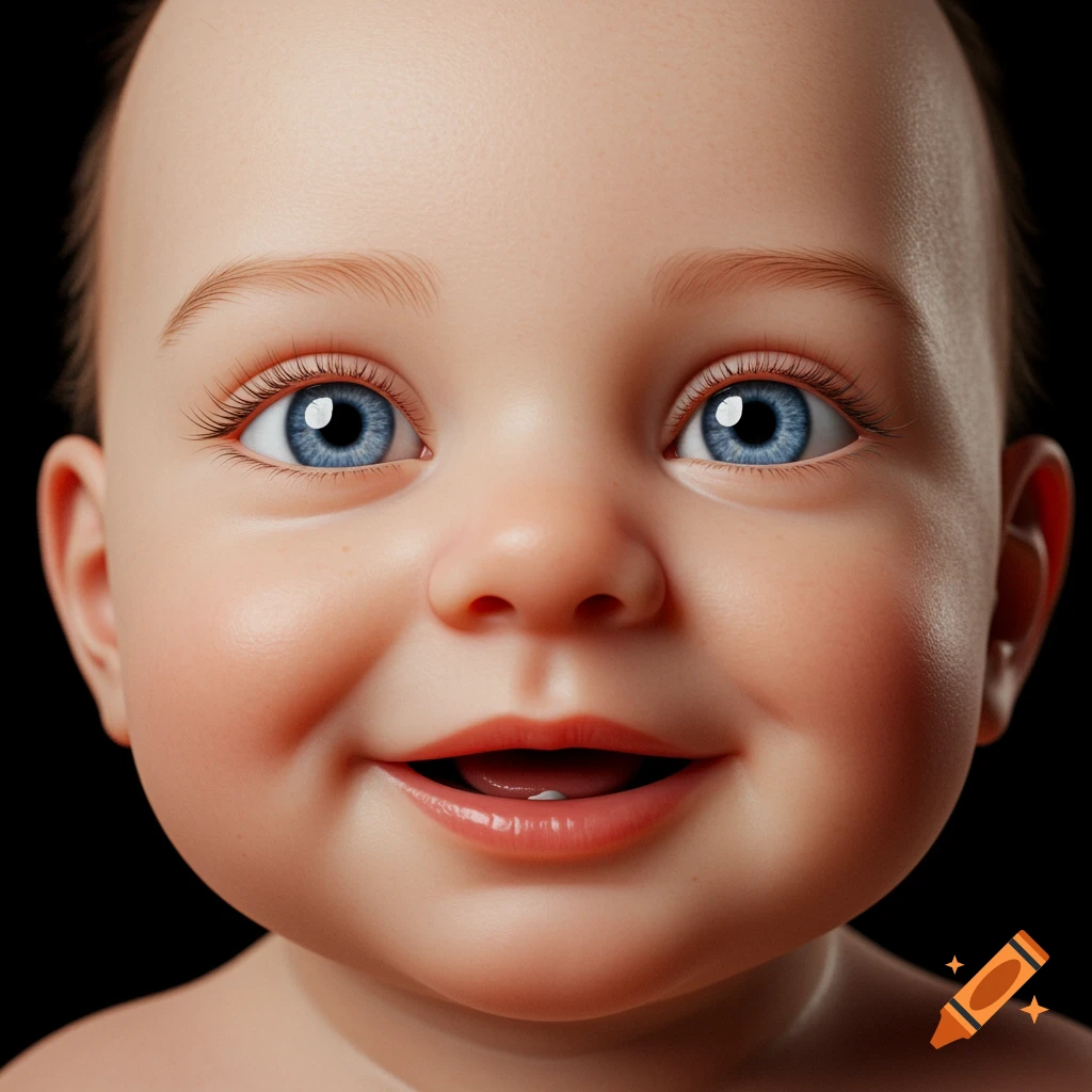 A close-up hyperrealistic portrait of a smiling baby with bright blue eyes.