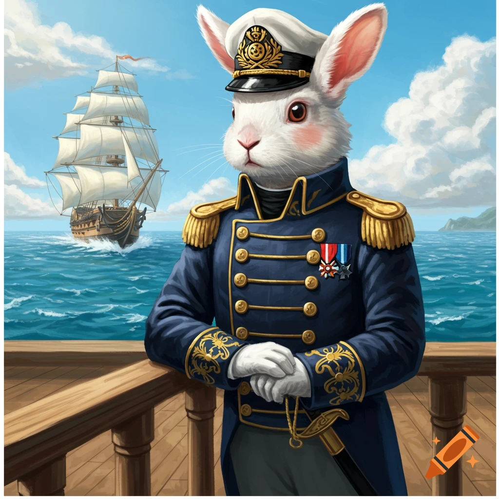 A white rabbit in a naval admiral uniform stands on a ship's deck, looking at a sailing ship in the distance.