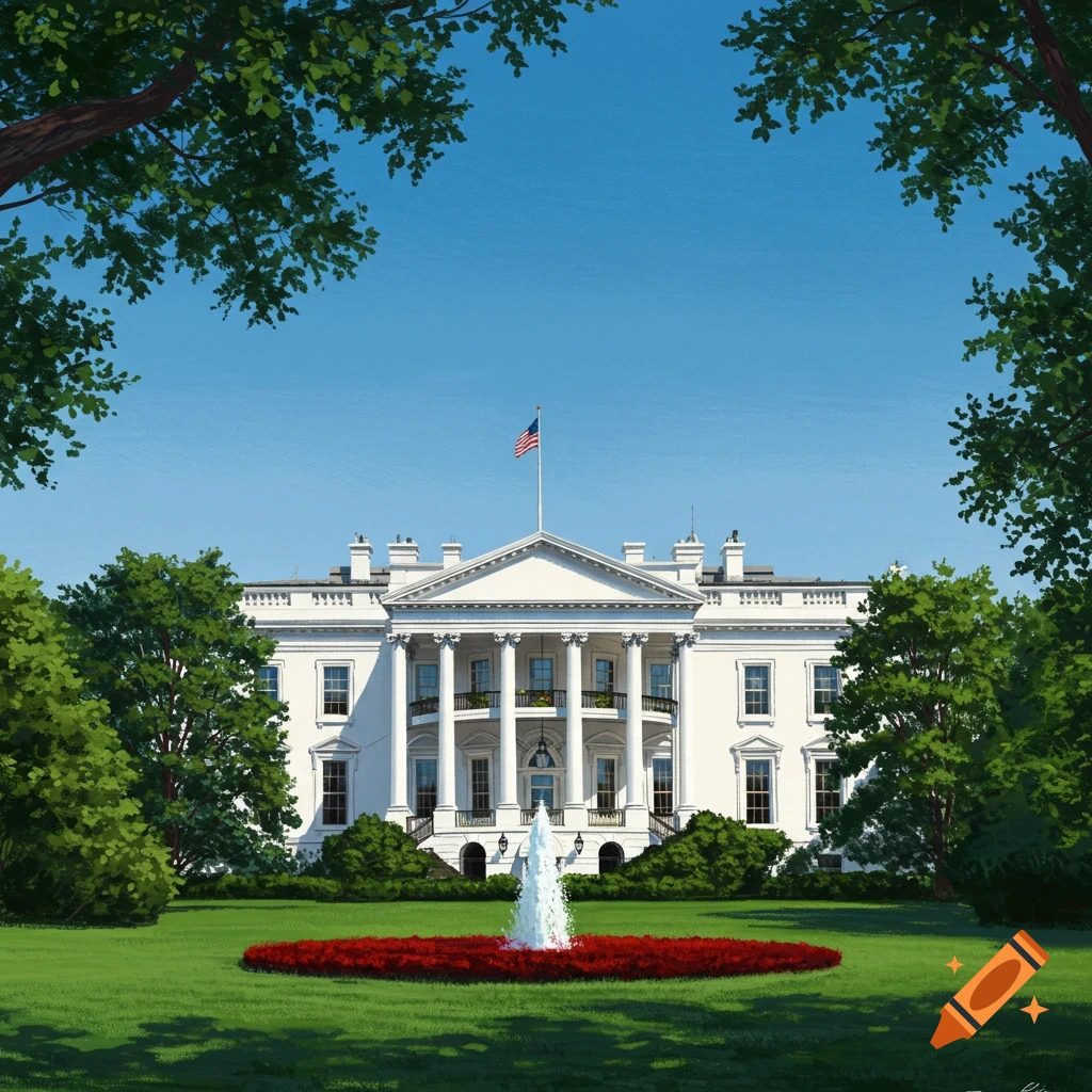 Illustration of the White House with a fountain, lawn, and trees.