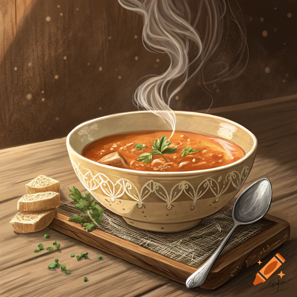 An illustration of a bowl of steaming soup with bread and a spoon on a wooden table.