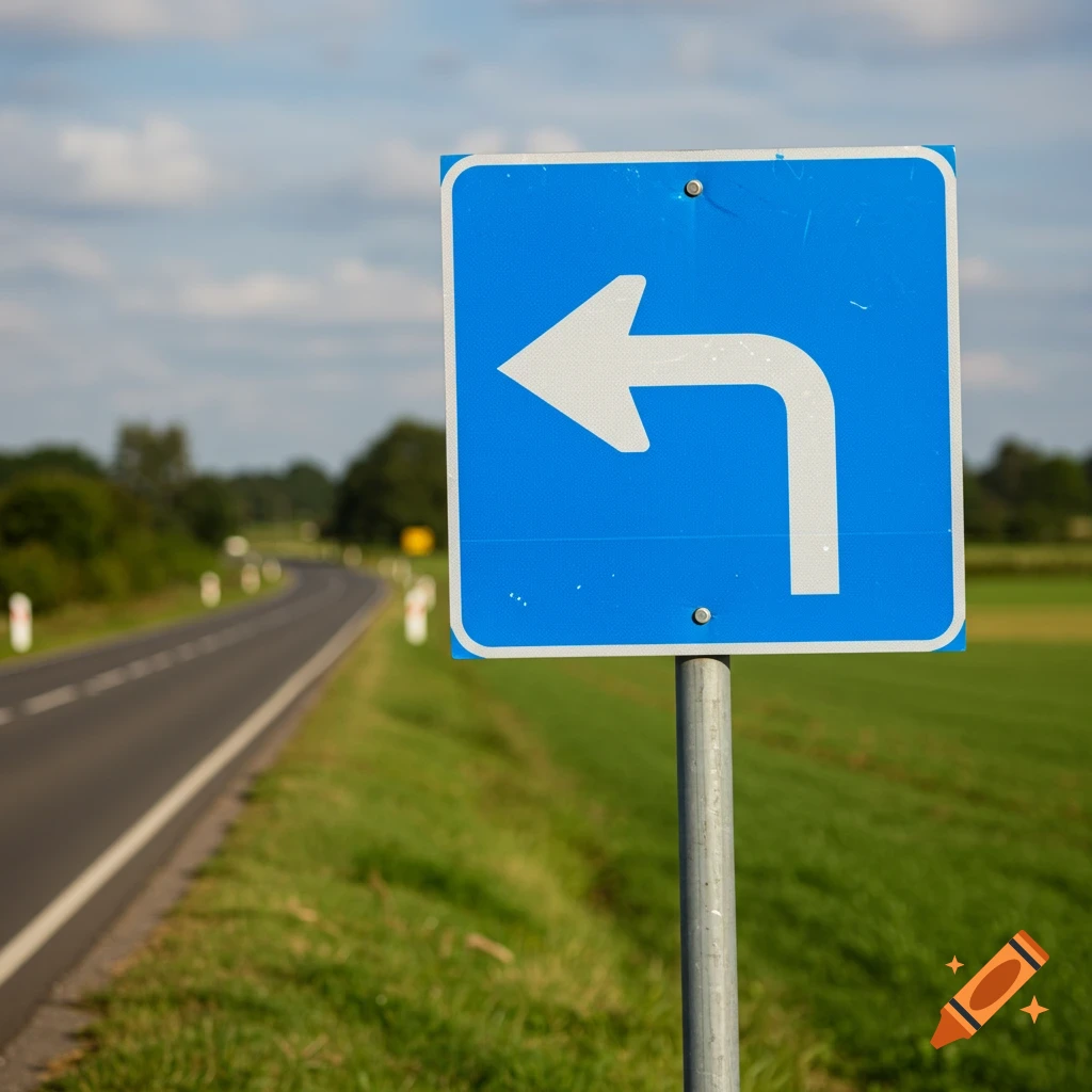 A blue road sign with a white left-turn arrow next to a road in the countryside.