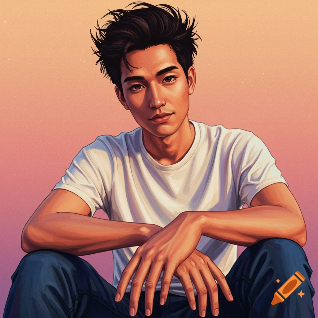 Illustration of a young man sitting against a colorful background.