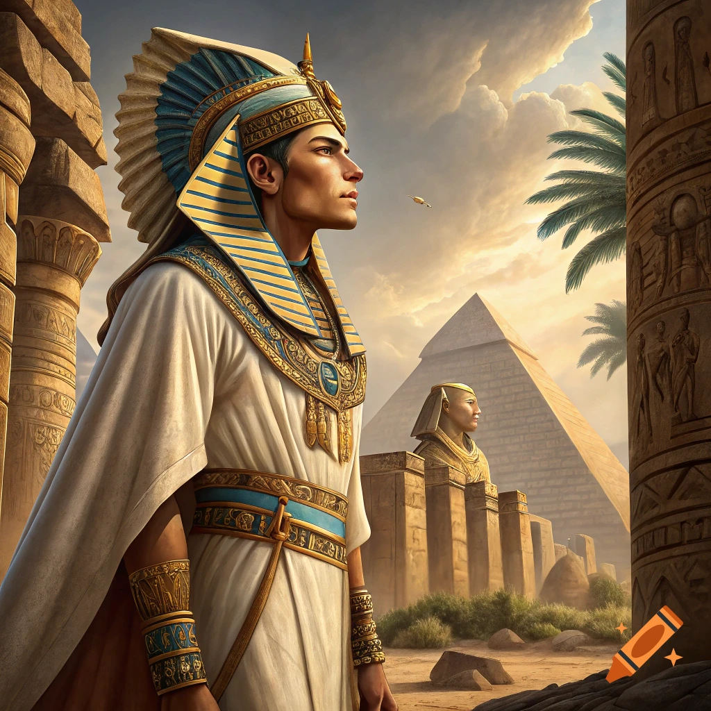 Man in ancient Egyptian royal attire standing among ruins with a pyramid