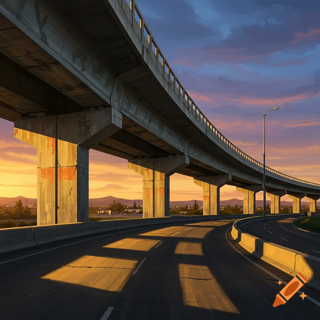 Dramatic view of a highway overpass curving against a vibrant sunset sky, with mountains and buildings in the distance.