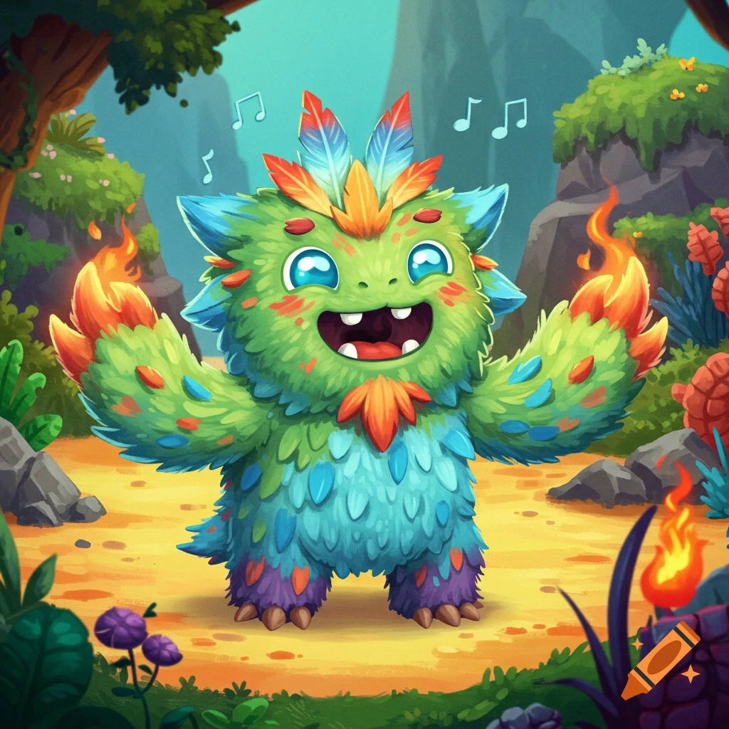 A fluffy, colorful cartoon monster with feathers and flames sings happily in a fantasy forest.