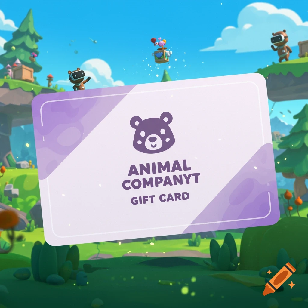 A cartoon gift card with a bear logo for Animal Companyt floats over a vibrant landscape with small characters.